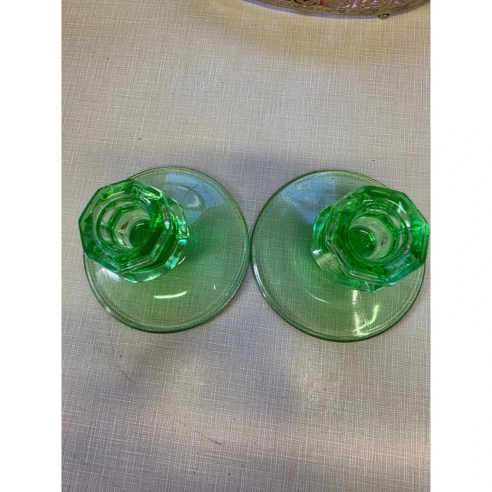 Vintage Green Uranium Glass Candlesticks Hexagonal Base Pair UV Glow Vaseline
